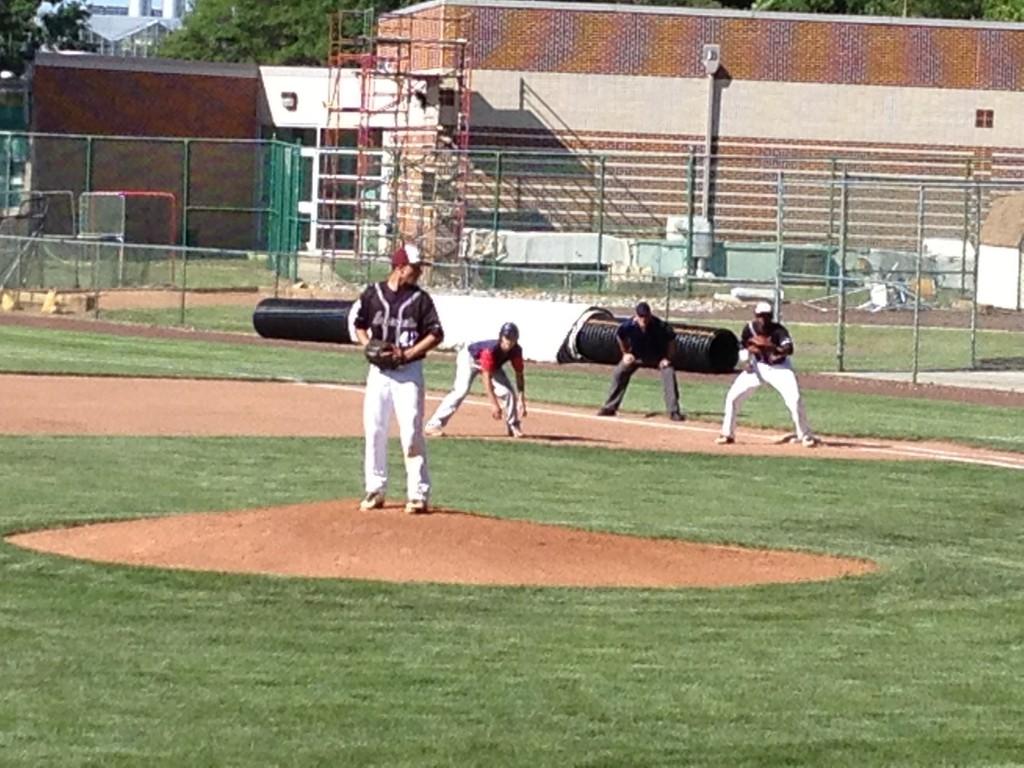 MFS's Mitchell Mullock leads off first base in the second inning of Tuesday's game