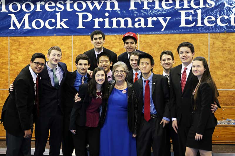 The full cast of students representing candidates for both parties in the 2016 MPE.  MFS History Teacher Judy Van Tijn, who ran MPE, is center. Photo credit to mfriends.org