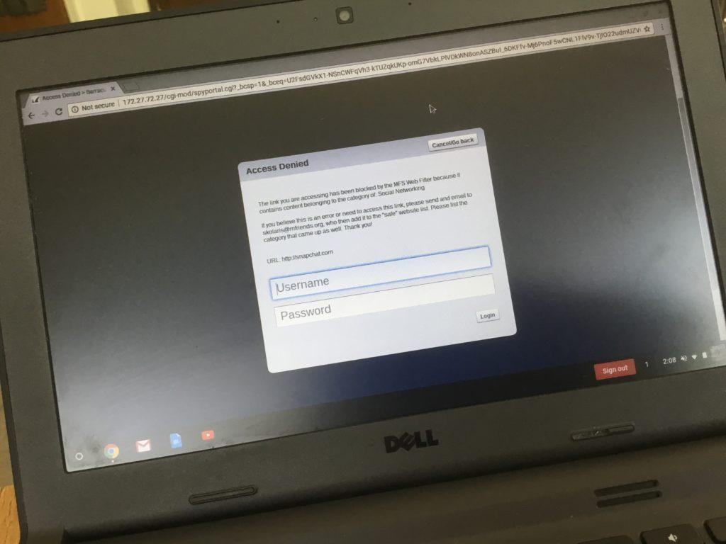 A message denying access to Snapchat.com, as part of the new MFS WiFi Network blockages.