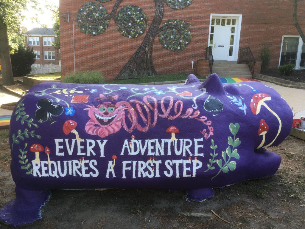 The hippo just minutes after the “Alice in Wonderland” theme was painted by the senior class. Photo courtesy of Echo Yan