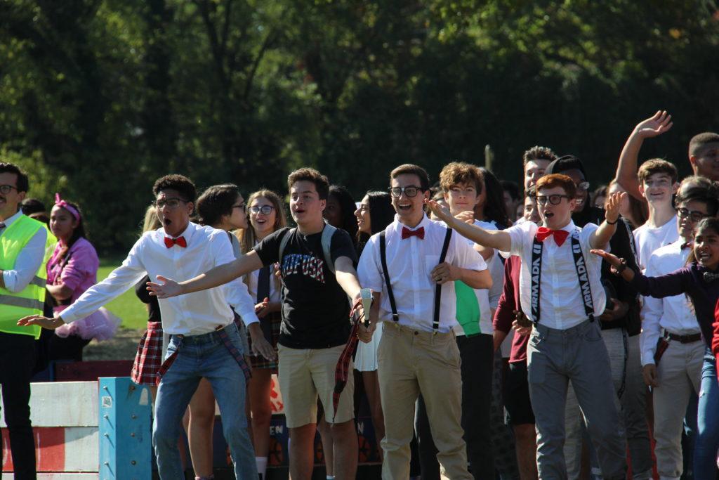 The junior class celebrates a victory during the Slimy Fish Toss. 