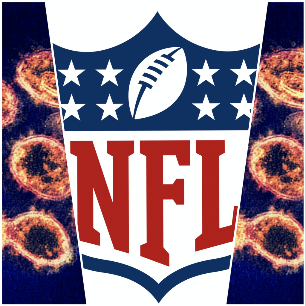 The NFL takes on COVID throughout the league. Credits: Coronavirus molecules posted on Flickr by quapan (CC-BY: Creative Commons License Type) NFL logo credit: fragilebreath via creativecommons.com (licensed under CC BY-NC-ND 2.0)