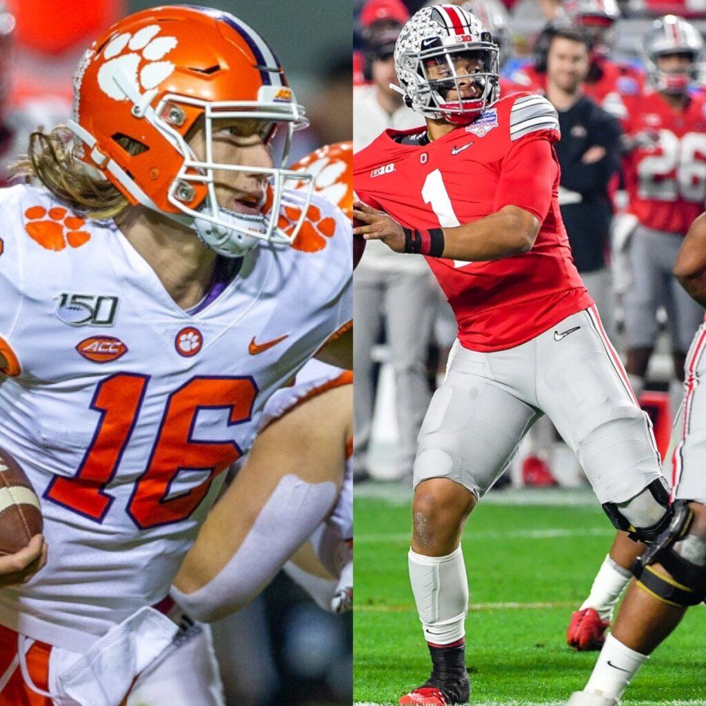 Clemson QB Trevor Lawrence and Ohio State QB Justin Fields. Credit: 2019 Fiesta Bowl: Clemson vs. Ohio State by Tigernet.com on commons.wikemedia.org under CC BY-SA 2.0. Lawrence in 2019 by Tigernet.com on commons.wikemedia.org under CC BY-SA 2.0