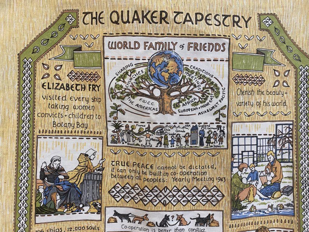 Tapestry in the religion classroom that reflect MFS’s Quaker values. By Esha Patel ’23.
