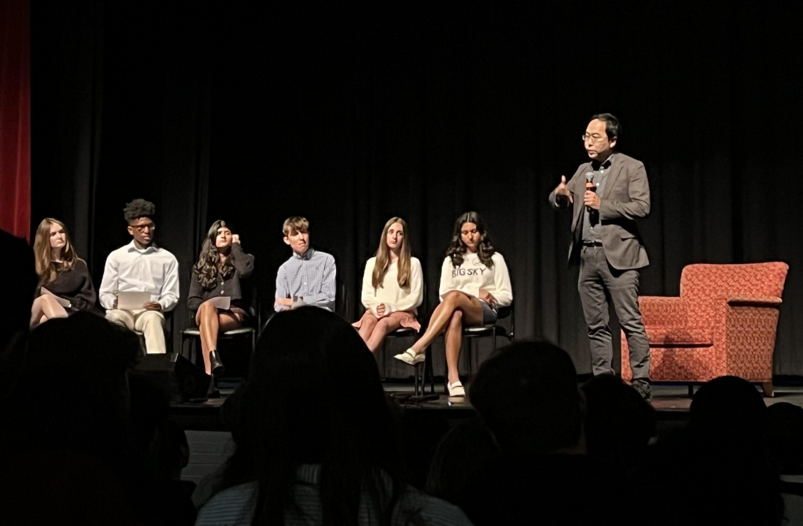 Andy Kim speaks during Community Time. Six clerks are seated (left to right): Dinah Megibow-Taylor ’24, Miles Wilkins ’25, Sophia Lalani ’25, Mason Levens ’25, Maya DeAndrea ’25, and Haila Desai ’24. Photo by Livia Kam ’26.
