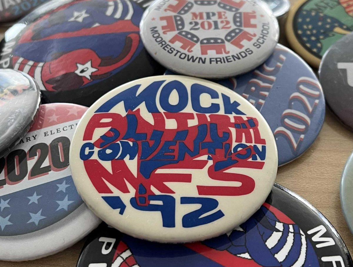 Mock Primary Election pins through the years. Photo by Livia Kam '26.