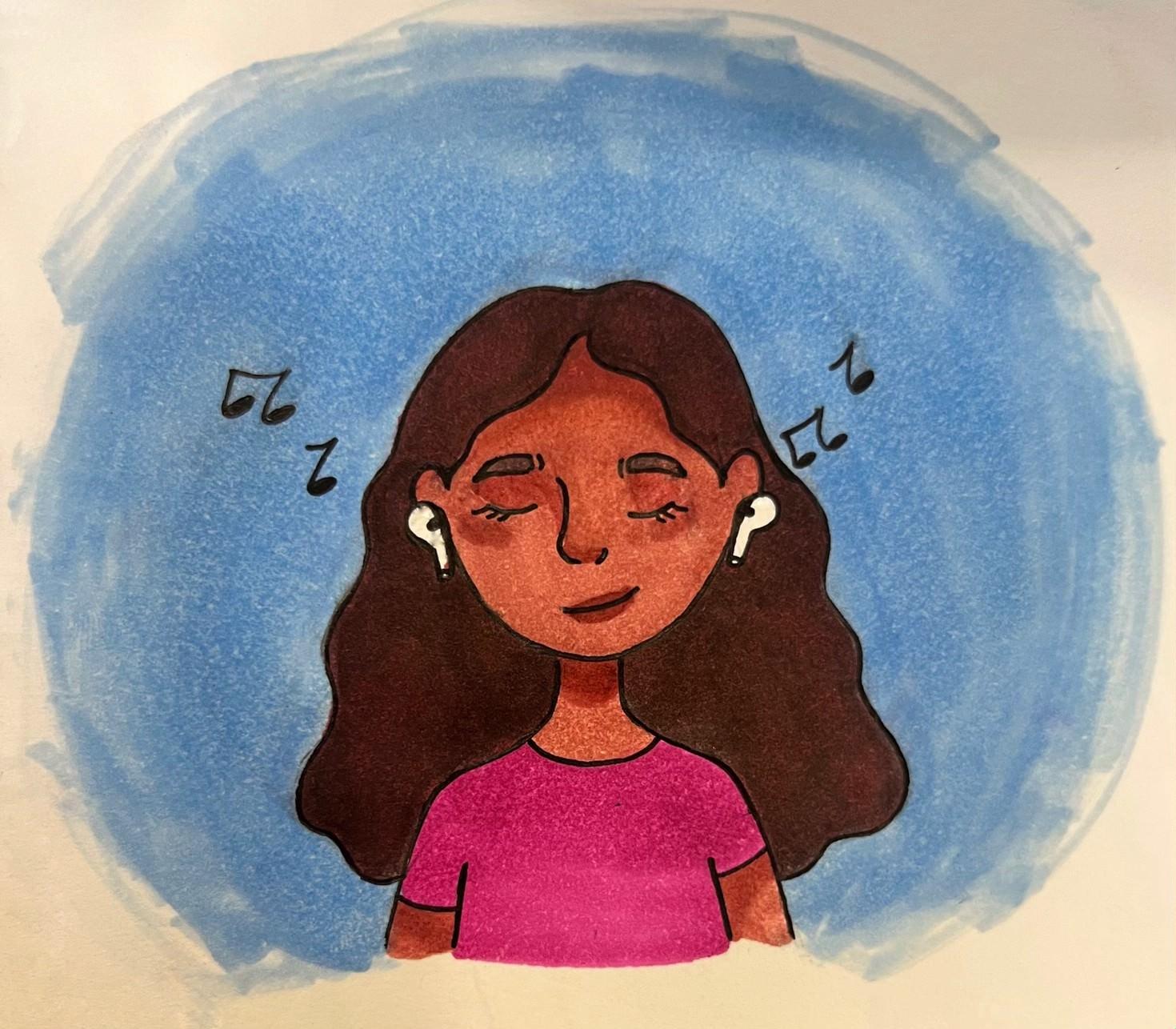 Sketch of an Upper School student listening to music with AirPods. Graphic by Chloe Marshall ’26.