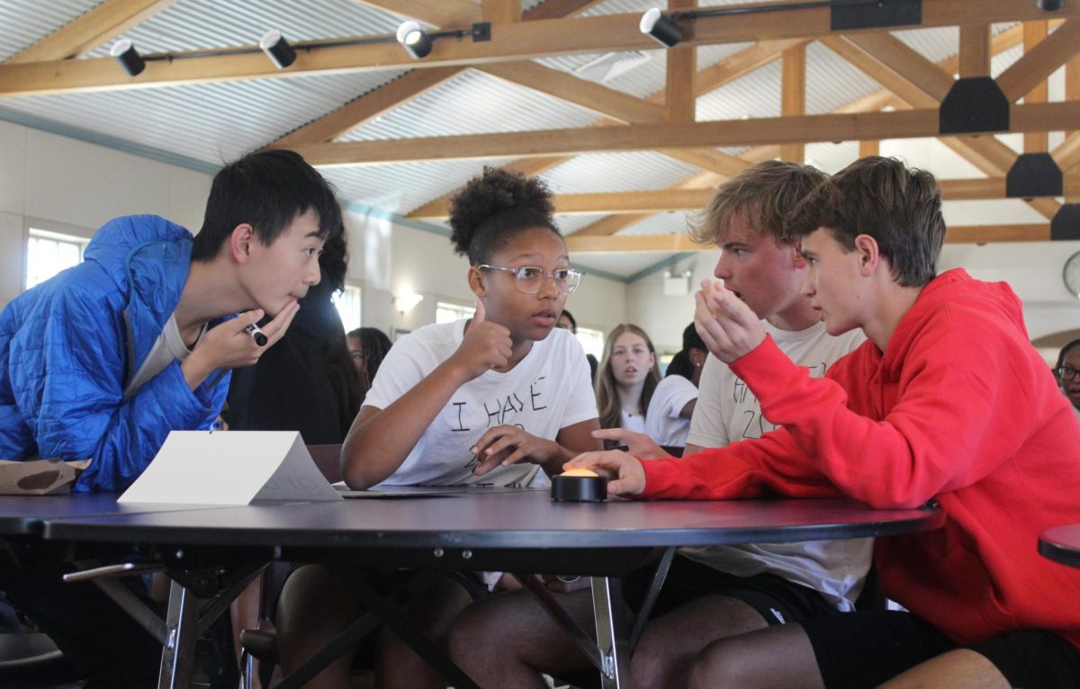 Sophomores huddle together to discuss their answer.  Photo by Aashi Reddy '26.