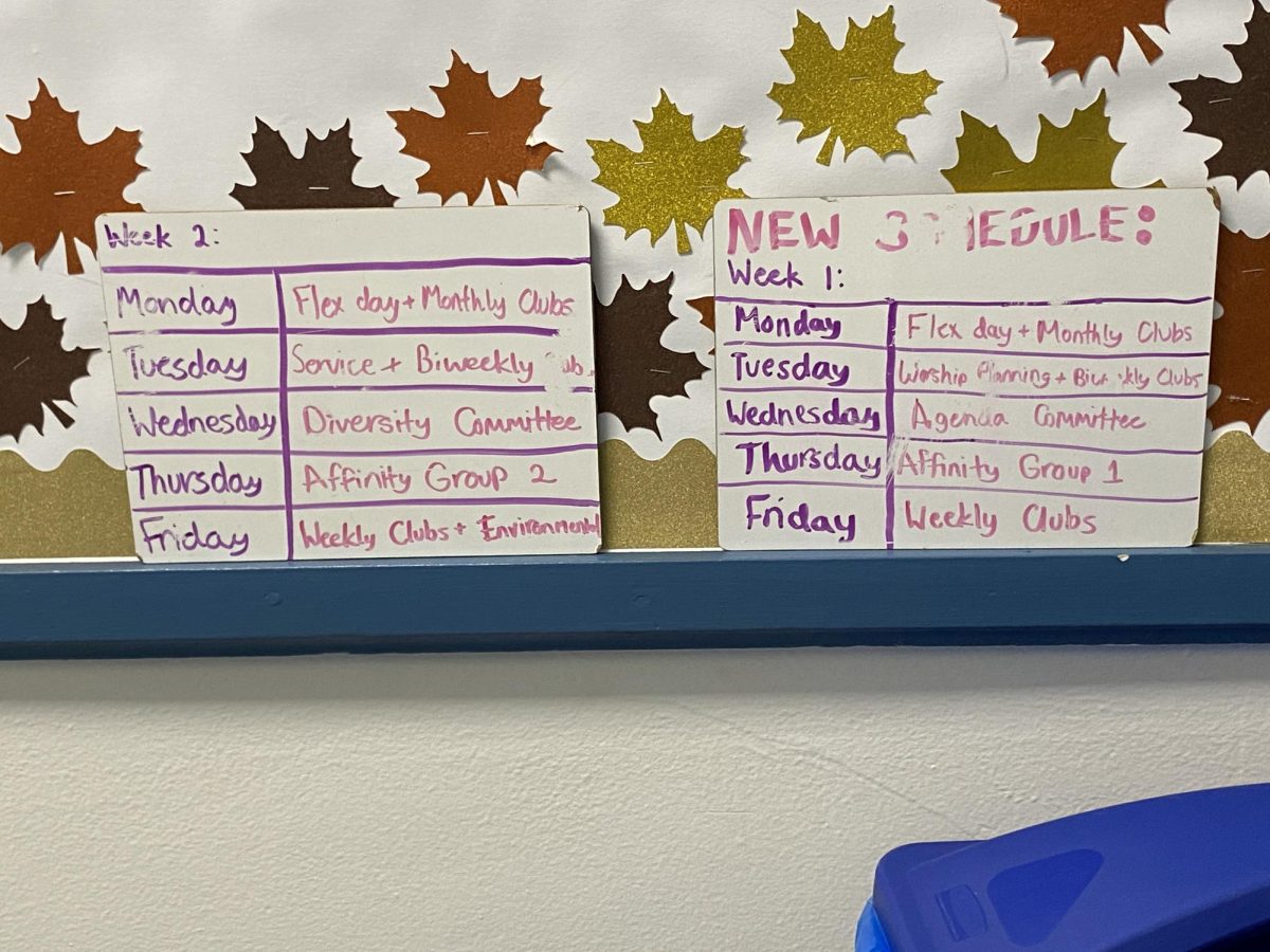 The Upper School lunch schedule whiteboard, posted on the student government bulletin board. Photo by Luke Iacono ’25.
