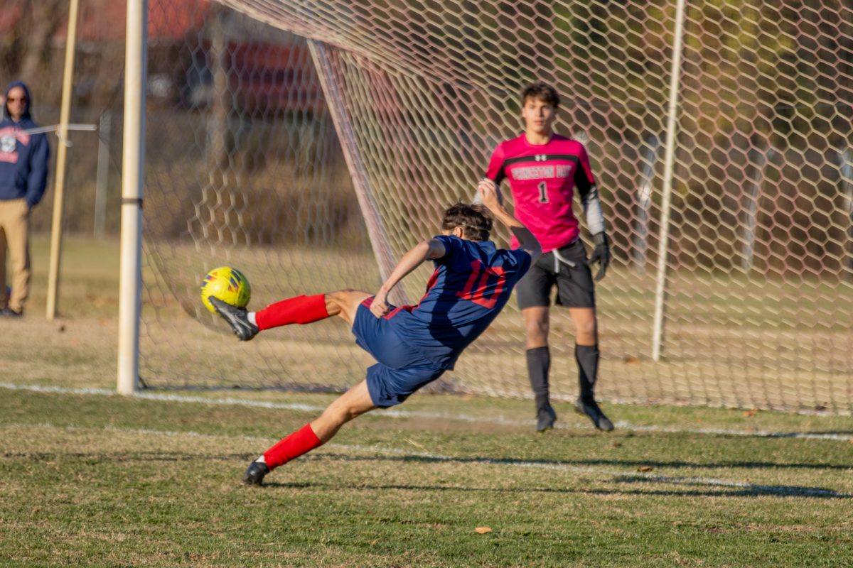 Galanis scores an acrobatic goal in the 2024 Sectional Final match against Princeton Day. Photo by Matthew Strauss '27.