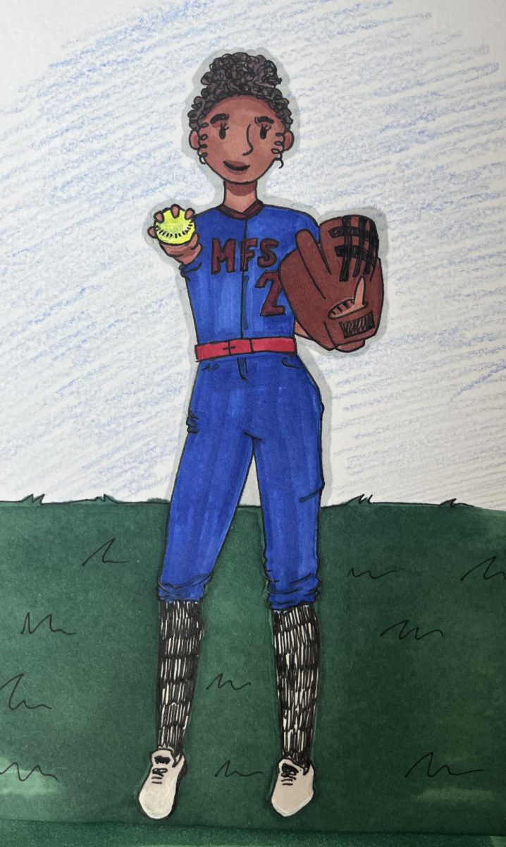 A drawing of a student in MFS softball gear ready to play, representing rising interest in adding a new girls' sport in the spring season. Drawing by Chloe Marshall ‘26
