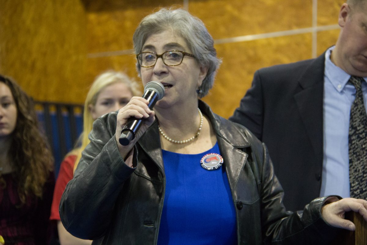 Judy van Tijn pictured speaking at the 2016 Mock Primary Election. She led the Mock Primary Election in its traditional form of students representing candidates. Photo courtesy of MFS Smugmug.
