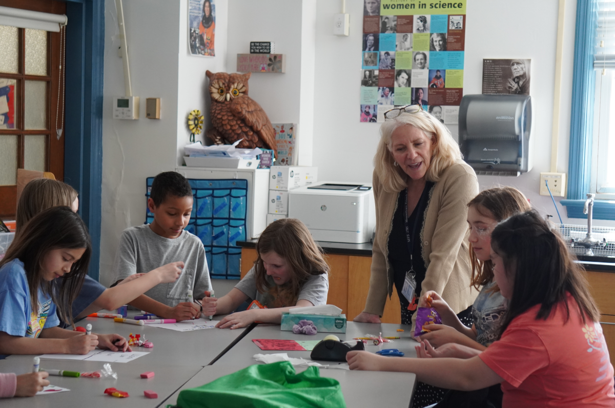 Mrs. Bruvik working with students in the classroom. Photo by Luke Bitman '29.