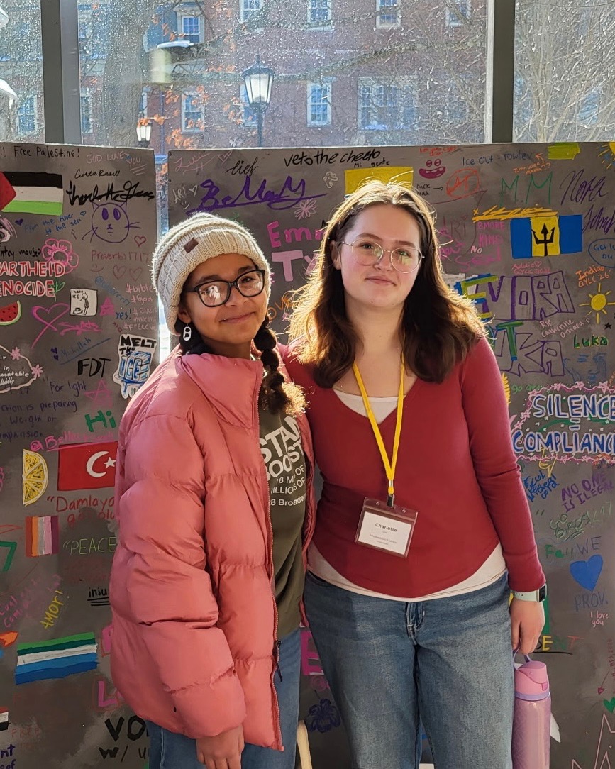 Sanaa Rodwell-Simon ’28 and Charlotte Ostroski ’28 at the 2026 Quaker Youth Leadership Conference. Photo by Rex Barnett ’27.
