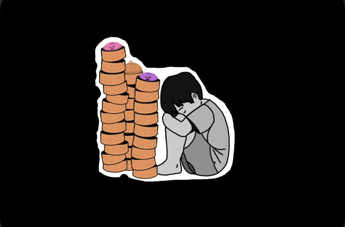 Graphic of an anxious student surrounded by dumpling squishies. Created on Canva  by Zoe Hocking ’29 